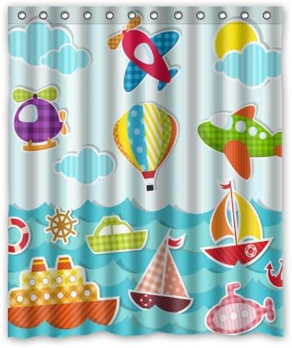 Colorful Cartoon Design Plane Fire Balloon Steamship Shower Curtain (New Waterproof Polyester Fabric)(60"x72") - Cartoon Bathroom Exclusive