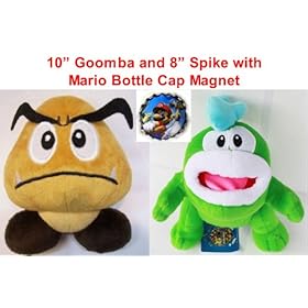  Hard to Find Video Game Icons Super Mario Brothers 8 inch Spike Doll and 10 inch Mario Goomba Plush Doll with Unique Mario Bottle Cap Magnet