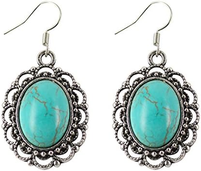 VCreations Turquoise Dangle Earrings Tibetan Silver Fashion Jewelries - Vintage Oval
