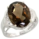 14k White Gold Large Stone Oval Ring, w/ 0.06 Carat Brilliant Cut Diamonds & 12.00 Carats Oval Cut (16x12mm) Smoky Topaz Stone, 5/8 in. (16mm) wide