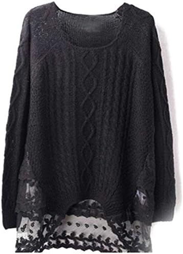 Sheinside® Women's Black Long Sleeve Contrast Lace Knit Sweater (One-Size, Black)
