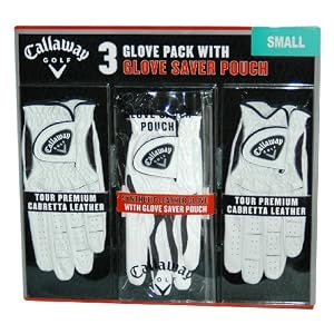 Callaway Golf 3 Glove Pack: 2 Tour Premium Cabretta Leather and 1 Synthetic Leather Glove with Glove Saver Pouch - Small