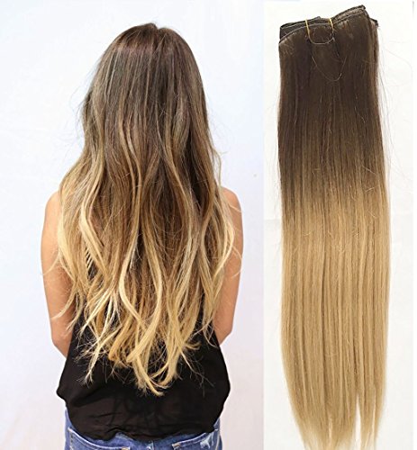 18" Full head clip in human hair extensions Ombre Straight (Medium brown to Sandy blonde)