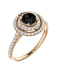 14K Rose Gold Round Cut Black and White Diamond Double-Halo Ring -- LIFETIME WARRANTY