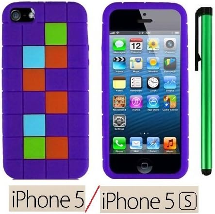 Apple Iphone 5S or Apple Iphone 5 Accessories - Premium Design Soft Protector Cover Case + 1 of New Assorted Color Metal Stylus Touch Screen Pen (Purple Color Tile Skin)