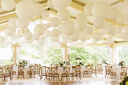 Paper Lantern & Pom Poms Set, White, 18 and 12 Inch Lanterns, 10 Pcs