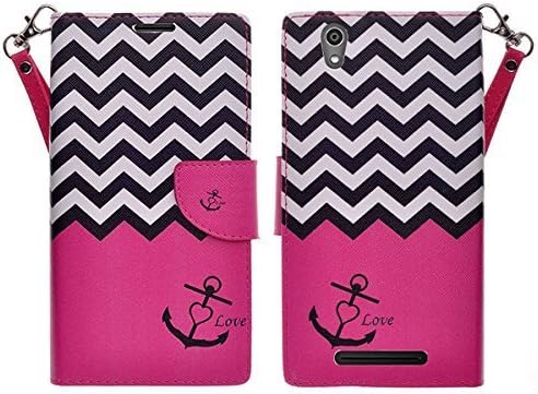 ZTE ZMAX Z970 - Wallet Pouch All-in-One Phone Protective Cover Premium Faux Leather Flip Folio Case w/ Kickstand By Zase ® Unique Design (Hot Pink Anchor)