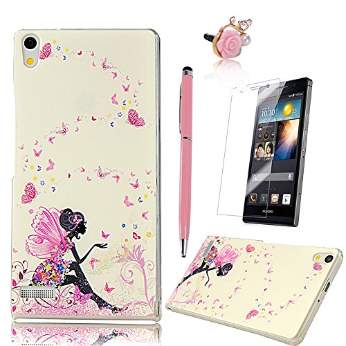 Huawei Ascend P6 Case - MOLLYCOOCLE Fashion Style Painted Bird Colorful Pattern Mobile Phone Accessory Case Transparent Case Hard Protetive Cell Phone Back Cover Case for Huawei Ascend P6 Cover shell +1x Anti-Dust Plug +1x Stylus Pen +1x Screen Protector (Angle Girl Pink Butterfly)