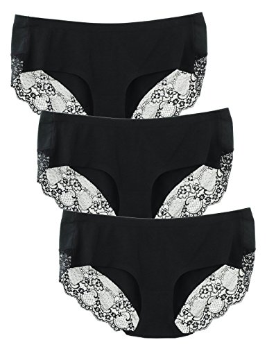 Liqqy Women's 3 Pack Cotton Lace Coverage Seamless Brief Panty