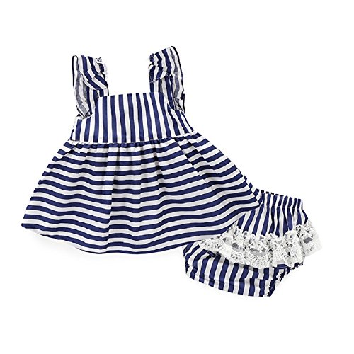 Baby Girls Striped Ruffle Sleeve Dress and Pants Nappy Cover Outfit (70(0-6M))