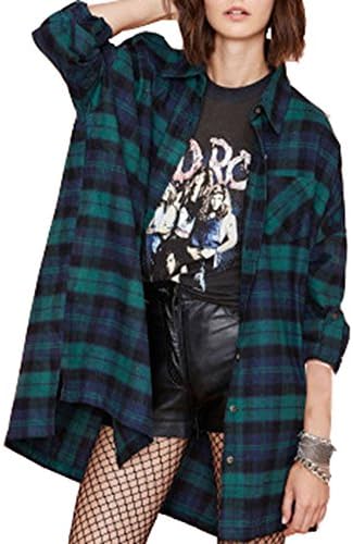 Popuus Women's Casual Cotton Single Breasted Grid T-shirt Blue Large