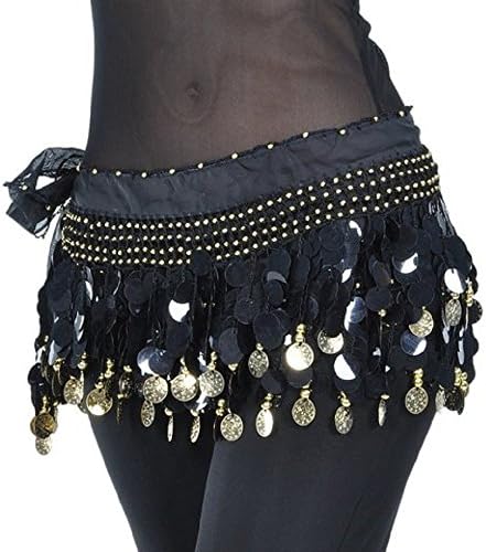 Yanseller Belly Dance Wrap & Hip Scarf with Paillettes, Gold Coins Lively Style (Black)