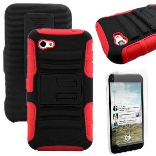 MINITURTLE, High Impact Rugged Hybrid Dual Layer Protective Phone Case Cover with Built in Kickstand, Swiveling Holster Belt Clip, and Clear Screen Protector Film for Android Smartphone HTC First Facebook Phone /AT&T (Black / Red)