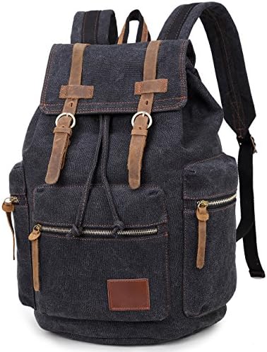 Egooo Men's Travel Backpack Bag Canvas Leather Bag (Black-L)