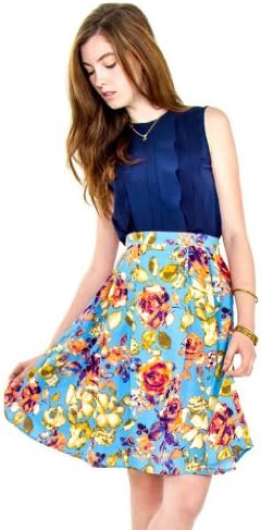 Glowbees Women's Blue Garden Flowers Floral Pleated Knee Length Tea Skirt Medium