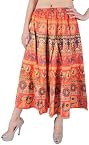 Flame-Red Sanganeri Midi Skirt with Printed Elephants and Deers - Pure Cotton Printed with Vegetable