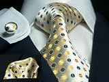 Landisun 555 Yellows Black Polka Dots Mens Silk Tie Set: Tie+Hanky+Cufflinks