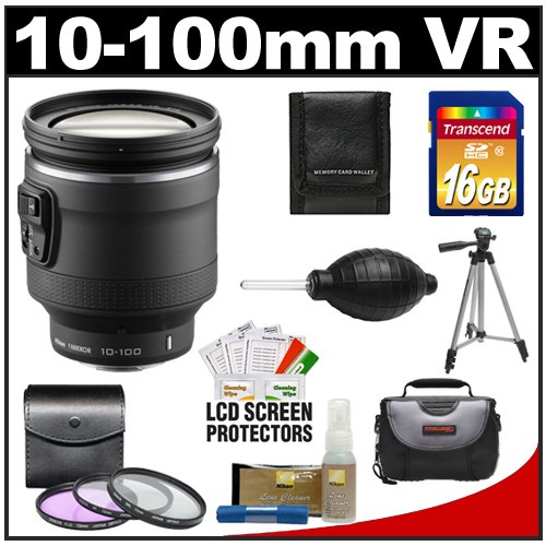 Nikon 1 10-100mm f/4.5-5.6 VR Nikkor PD-Zoom Lens (Black) with 16GB Card + Case + 3-Piece UV/FLD/CPL Filter Set + Tripod + Cleaning & Accessory Kit