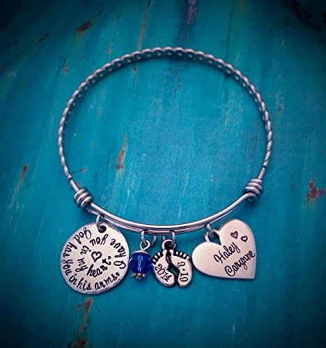 Hand stamped infant loss memorial bangle charm bracelet by Poetic Posies. God has you in his arms, I have you in my heart, stainless steel bangle, pewter charms