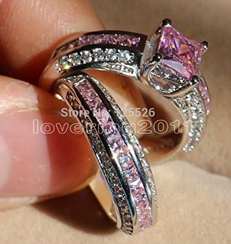 Tesiro Princess cut Pink sapphire Simulated diamond 10KT White Gold Filled engagement Wedding Band Ring Set Sz 5-11 (5)