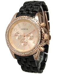 Womens Geneva Rhinestone-accented Metal Link Watch - Black/Rose Gold