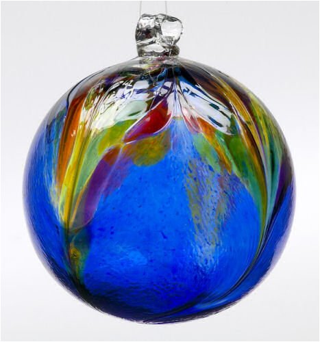Kitras Art Glass - Hand Blown Glass Hanging Ornament - Old English - WITCH BALL - ART NOUVEAU - BLUE - OR-ARNO-06-BL