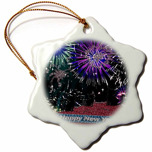 3dRose3 inch Snowflake Porcelain Ornament - Three Black Cat Watching Fireworks Purple New Years Design