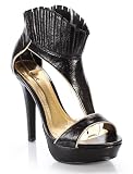 Shiny Black Crinkle T-strap Standing Collar Sandal Pumps