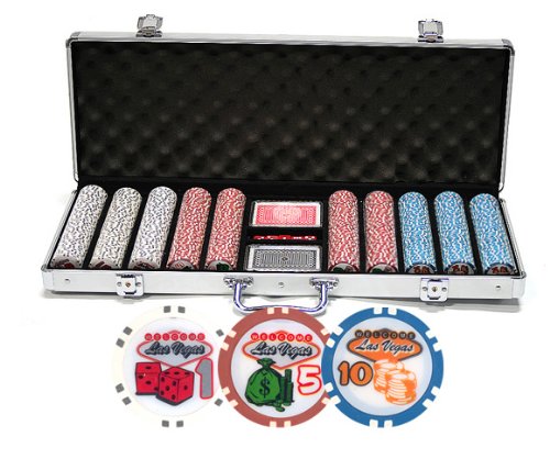New Premium 500 Clay Welcome to Las Vegas Poker Chips Set w/Case, Cards, & Dice