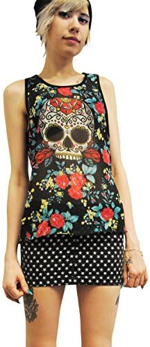 Punk Rock Day of the Dead Flower Sugar Skull Chiffon Tank Top (S)