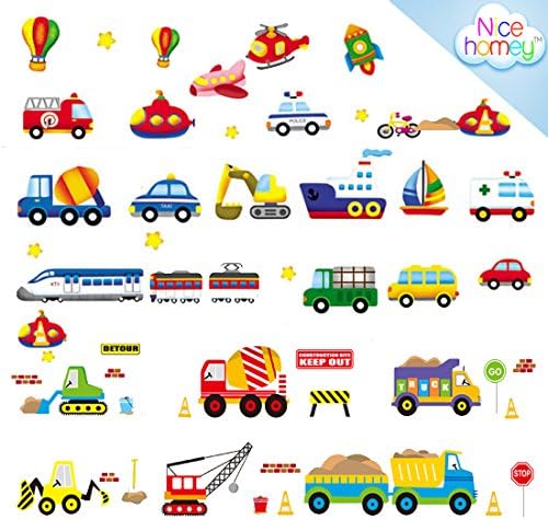 Cartoon Wall Sticker Decals for Kids by Nicehomey, City Transport & Construction Vehicles Cartoon Wall Decals for Children,Kids Rooms,Kindergarte,Nursery,Girls and Boys Bedroom,Pre-cut Stickers with Vibrant Colors,Removable PVC Wall Stickers,Best Gift Ideas for Kids