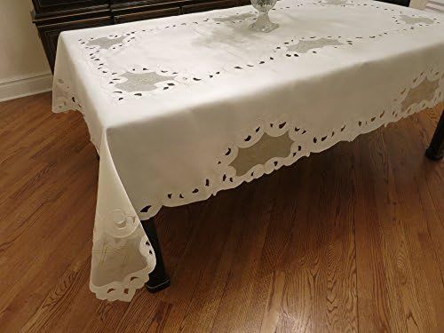 Religious "Star of David" Embroidered Cutwork Tablecloth with Organza Look Inset (White 68" x 86")