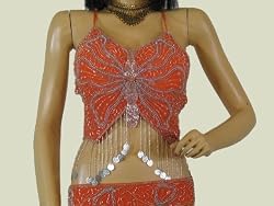 ORANGE CHOLI HIP SCARF COIN BELLY DANCE BRA COSTUME M