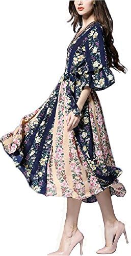 Women's Vintage Deep-V Neck Frumpet Sleeve Ethnic Style Flower Color Chiffon Dress