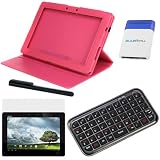 GTMax Pink Premium Leather Multi-Angle Rotating Folio Cover Case w/Stand + LCD Screen Protector + Bluetooth Wireless Mini Keyboard + Black Stylus Pen + Blue Mini Brush for Asus Eee Pad Transformer Prime TF201 10.1-Inch Tablet