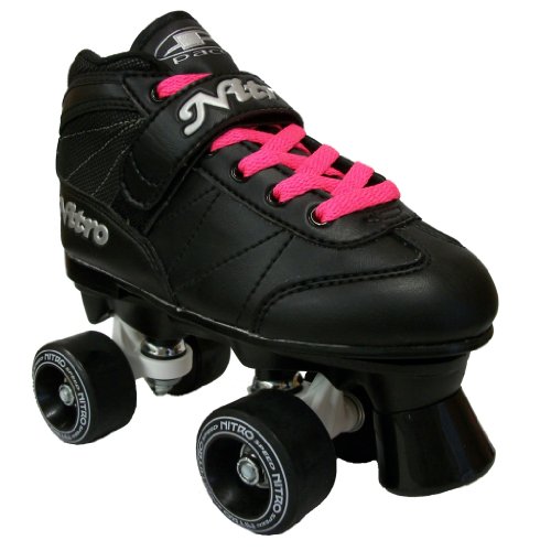 Pacer Nitro Indoor Outdoor Black Boots with Black Nitro Wheels and Pink Laces Mens Boys Ladies Womens Girls Adult Kids Childrens Youth Quad Speed Roller Skates