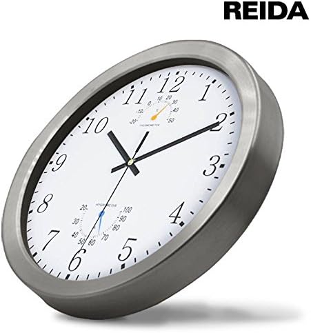 Wall Clock with Thermometer and Hygrometer 10″ Silent Non-ticking 12-Hour Display Metal Frame Glass Cover
