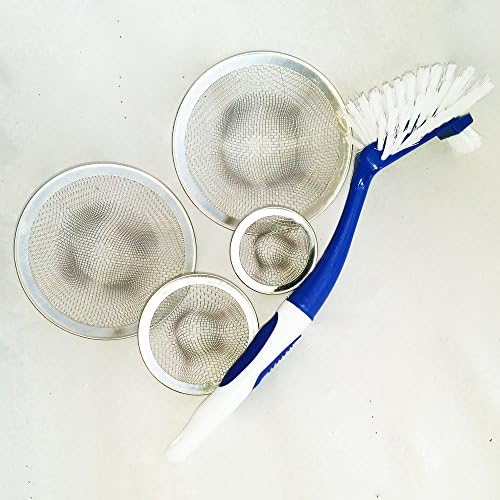 Levalco Sink Strainers Bundle Set of 5 for Kitchen Plus Utility Bath Includes Dish Scrubber Durable Bristle Brush Cleaning Set