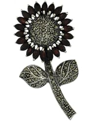Sterling Silver Marcasite Large Sunflower Brooch Pin w/ Marquise Cut Garnet Stones, 2 7/16 in. (62mm) tall