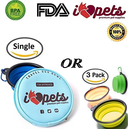 Travel Collapsible Dog Bowl by Premium Pet Supplies- Single or Set of 3- TOP Quality Pet Travel Bowl for Food and Water. 100% Money Back Guarantee. Enjoy travelling with your Pet NOW!