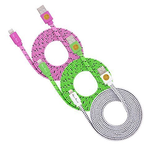 3 Pack 6ft Durable Hi-Speed Braided Flat Noodle Lightning USB SYNC Cable Charger Cord for iPhone 6, 6 Plus, 5, 5C, 5S, iPad 4, iPad Mini, Ipad Air, iPod Touch 5th Gen, iPod Nano 7th Gen, Support Latest IOS, 8-pin to USB - (pink, green, white)