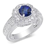 Glamorous 1.50 carats total weight Round Shape Checker Board Created Blue Sapphire & White CZ Size 7 Gemstone Ring in Sterling Silver