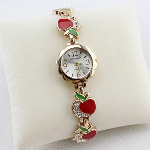 U-beauty Fashion Women Color Apple Rhinestone Stainless Steel Bracelet Wrist Watch Quartz Watches Ladies Wrist Watch Gift (Red)