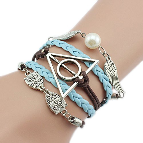 Handmade Vintage Golden Snitch Deathly Hallows Owls Bracelet Black Leather Braid Rope Bangle Gift