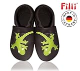 Produkt-Bild: Krabbelschuhe / Babyschuhe Filii in schokobraun mit apfelgr&uuml;nem Gecko