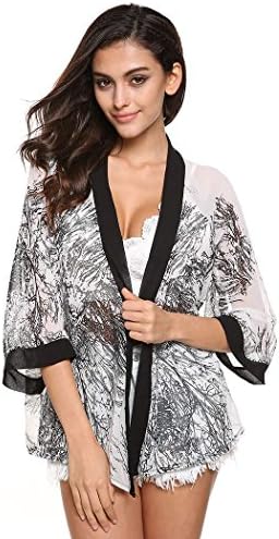 Desiraa Summer Floral Print Chiffon Sunblock Kimono Top Jacket Cardigan Blouse Free Size Black White