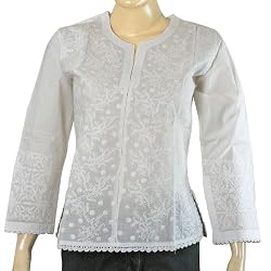Cotton Womens Top Kurti Traditional Clothing of India Chikan Embroidery Size XS (ctop400)