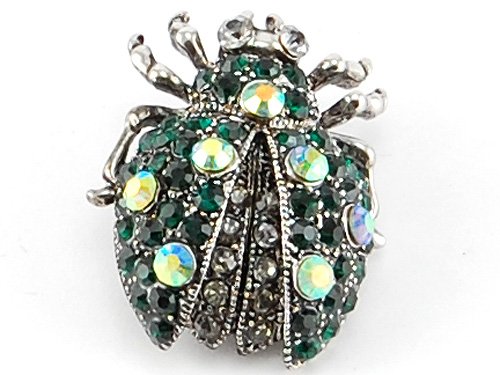 Emerald Green Crystal Rhinestone Ladybug Beetle Silver Tone Costume Brooch Pin