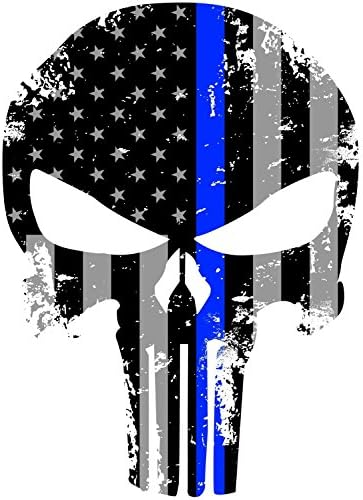 Tattered 5x4 Inch Subdued Us Flag Punisher Skull Reflective Decal with Thin Blue Line