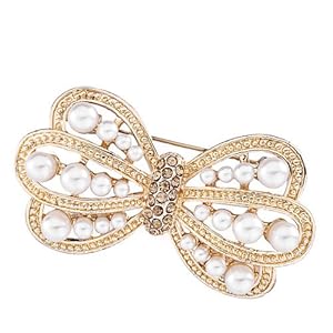 Pugster 22k Golden Plated Beautiful Girl Bowtie With Clear White Pearls And Topaz Yellow Swarovski Crystal Diamond Accent Brooches And Pins